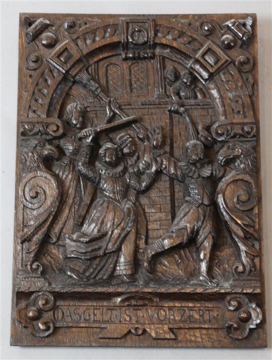 A 17th century German oak panel, 17 x 12.5in.